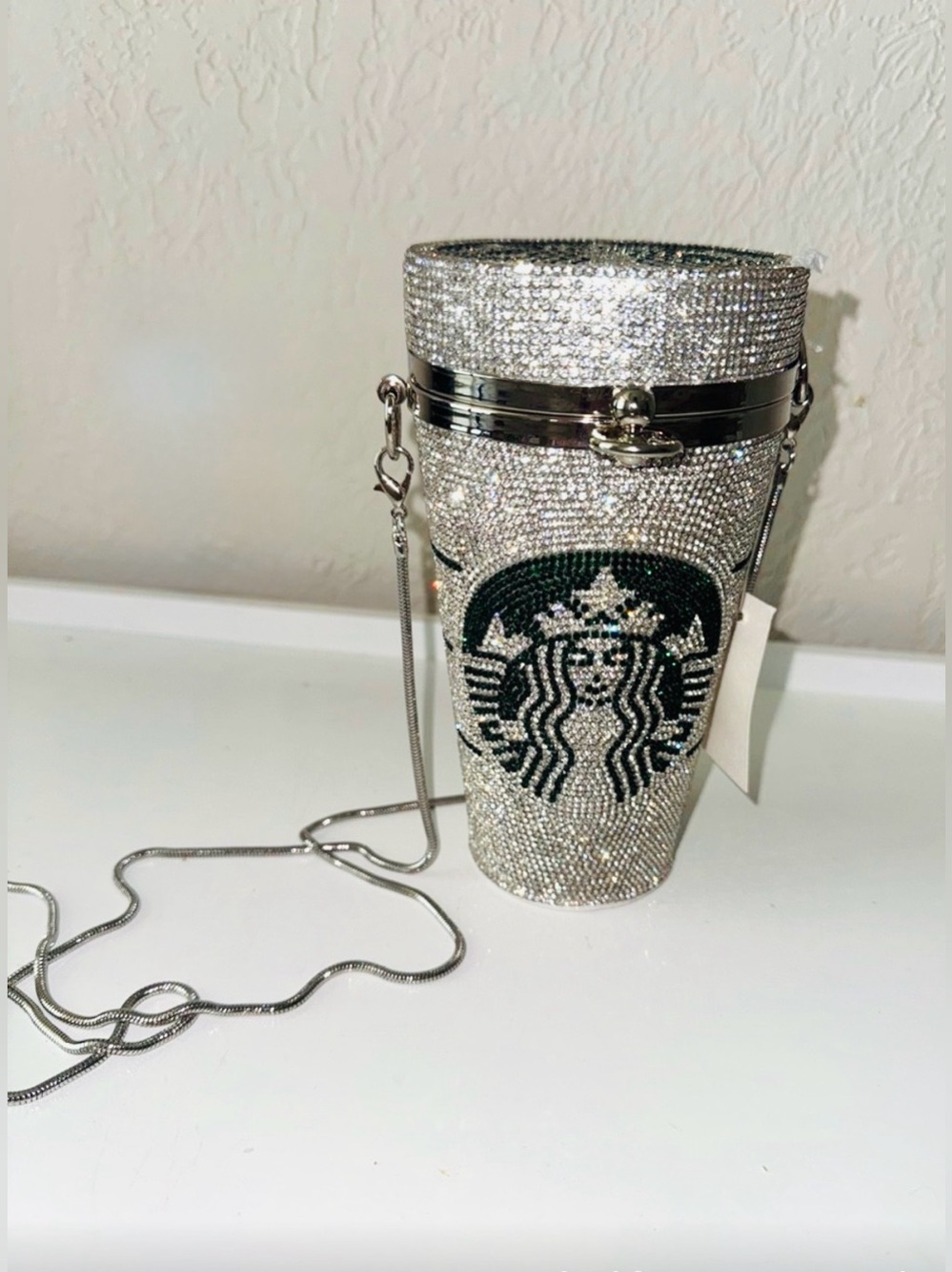 Starbucks Crystal Embellished Green and Silver Crossbody Bag. Satin interior